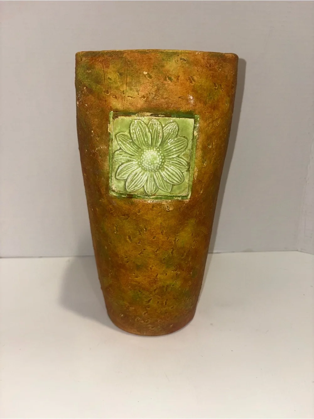 Vintage Handcrafted Green and Terracotta Flower Accent Vase -
